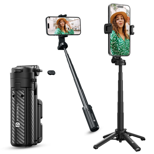 Portronics Lumistick Air best sefie stick for mobile  | 2-in-1 Tripod Selfie Stick for Vlogging with Bluetooth Remote | Smart Selfie Stick for Mobile & iPhone – Travel-Friendly & Foldable