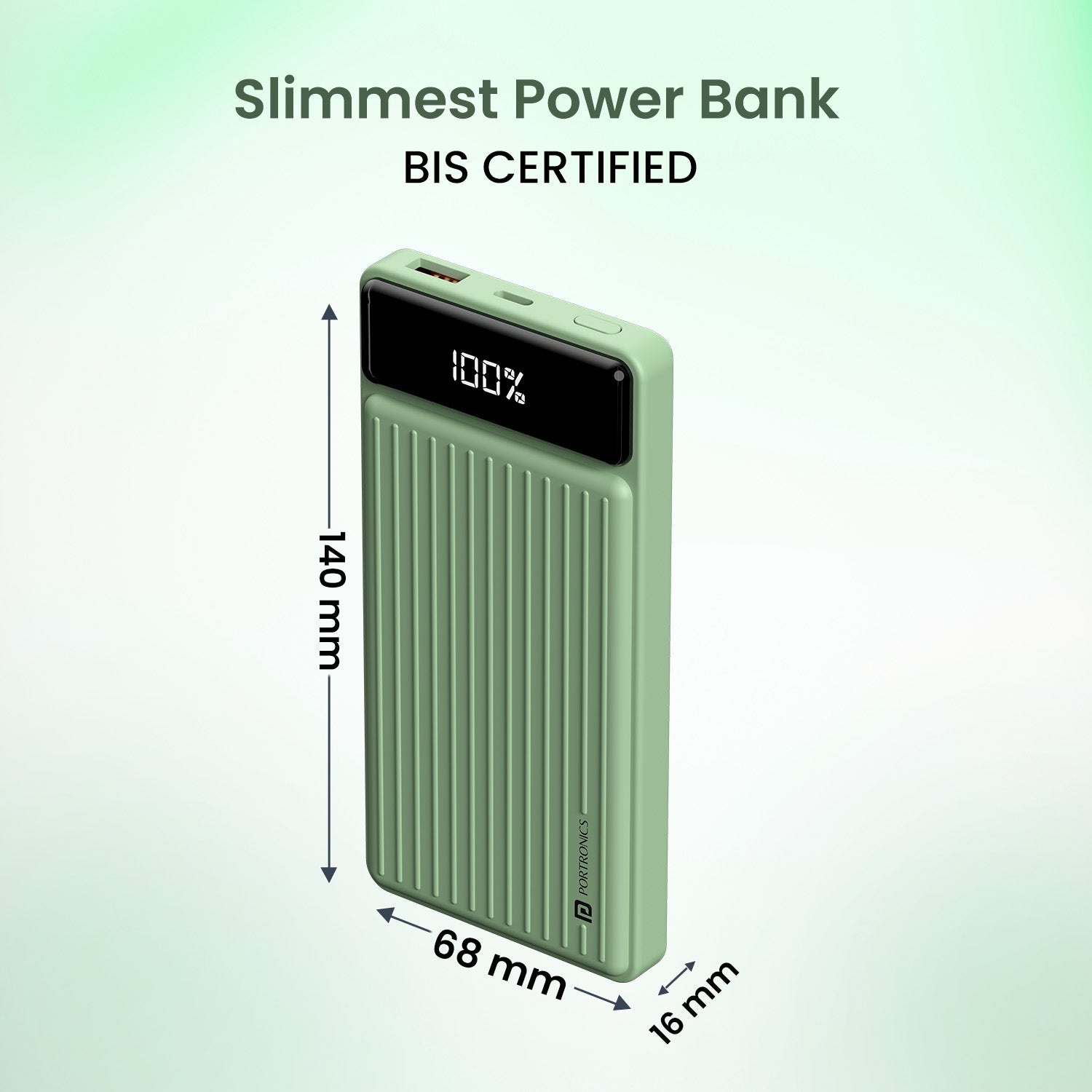 Green Portronics Luxcell B 10000mAh fast-charging power bank with stylish transparent display, BIS-certified safety, and smart protection layers
