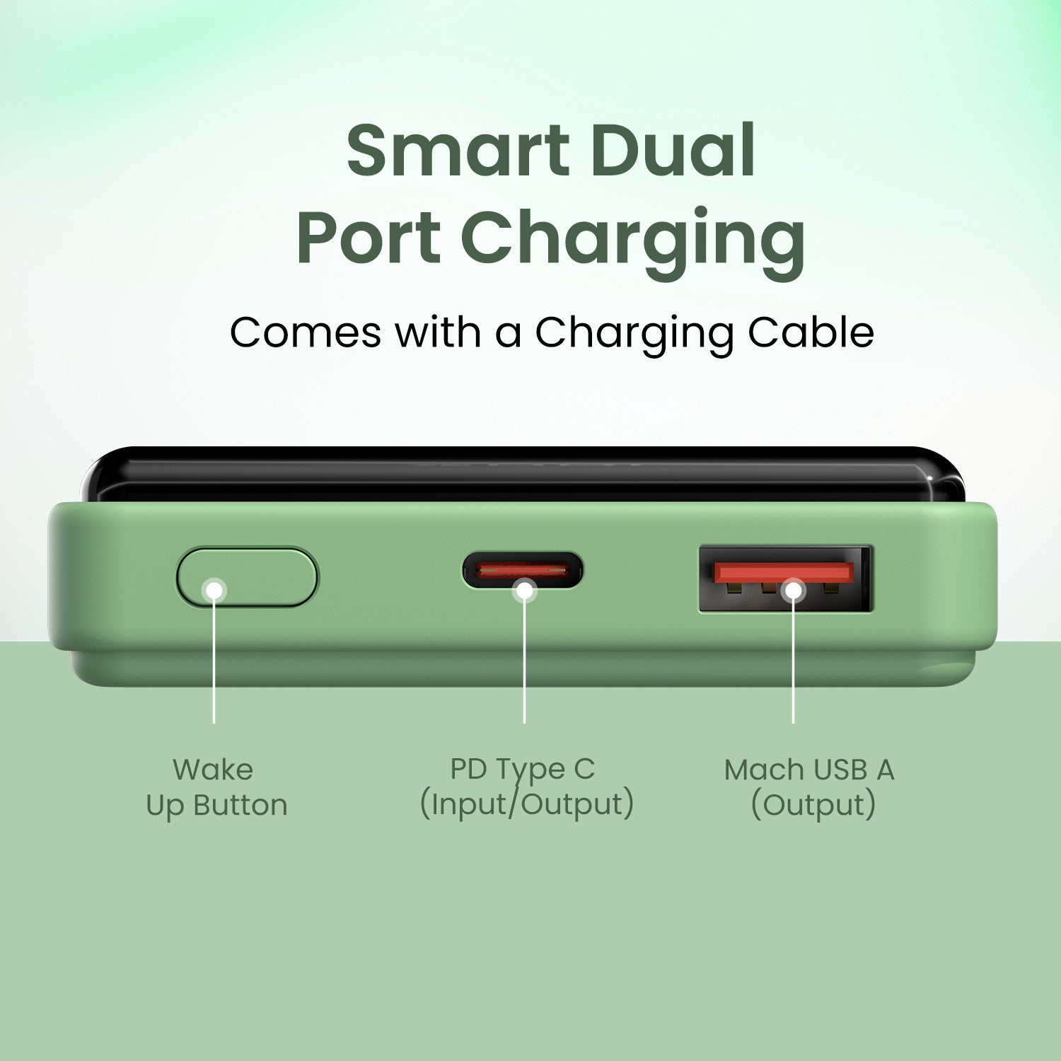 Green Portronics Luxcell B 10000mAh mini power bank includes a Type-C to Type-C cable and supports dual device charging for uninterrupted productivity