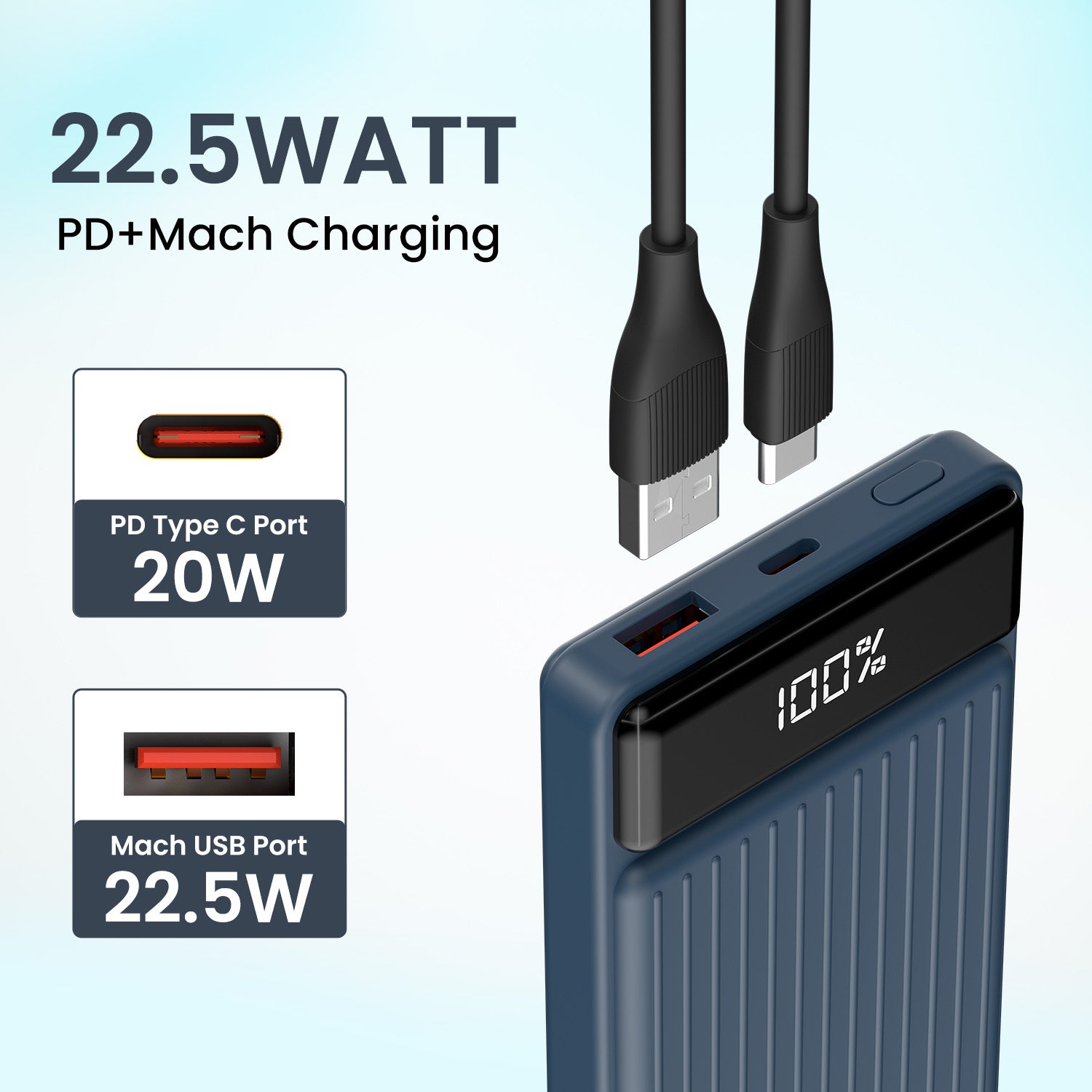 Blue Portronics Luxcell B 10000mAh pocket power bank with 22.5W max output for ultra-fast charging of iPhones, Android phones, and Bluetooth devices