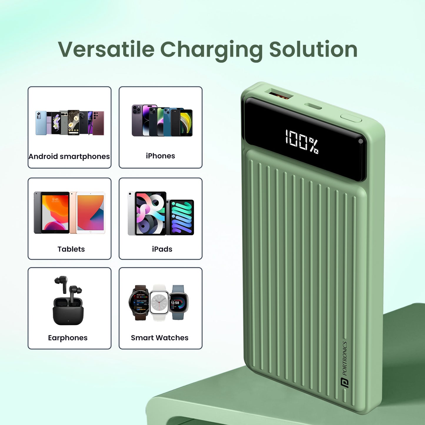 Green Portronics Luxcell B 10000mAh pocket power bank with LED display and high-capacity battery—ideal for mobile phones, tablets, and wireless earphones