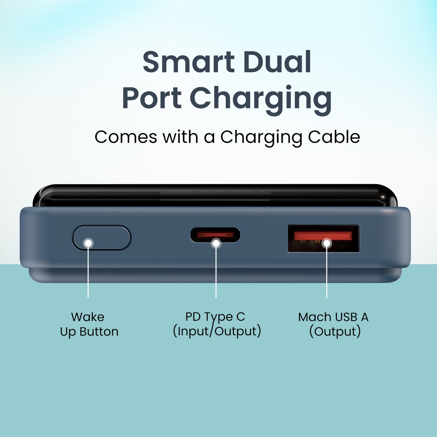 Blue Portronics Luxcell B 10000mAh power bank with Type-C PD 3.0 input/output and USB A output, built for maximum portability and universal compatibility