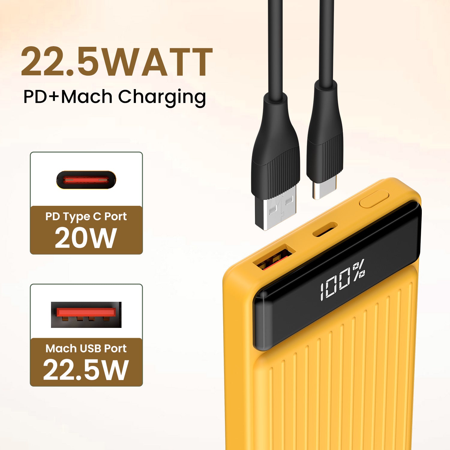 Yellow Portronics Luxcell B pocket power bank with LED battery indicator, dual USB output, and slim design—perfect 10000mAh power bank for travel or everyday use