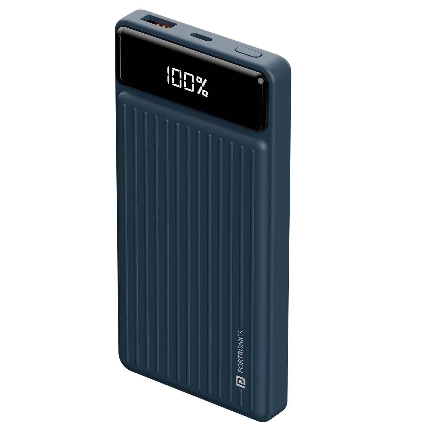 Blue Portronics Luxcell B power bank for mobile with compact design, LED display, and dual port fast charging—ideal for students, travelers, and professionals