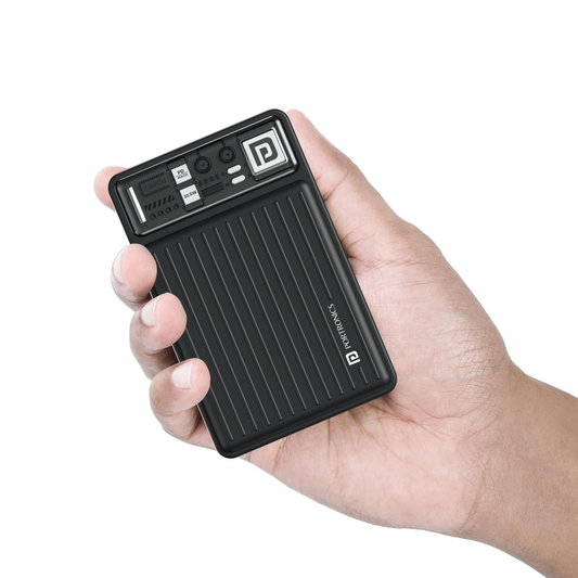 Black Portronics Luxcell Mini 20K smallest power bank with 20000mAh battery and transparent LED indicator, ideal pocket power bank for mobile charging
