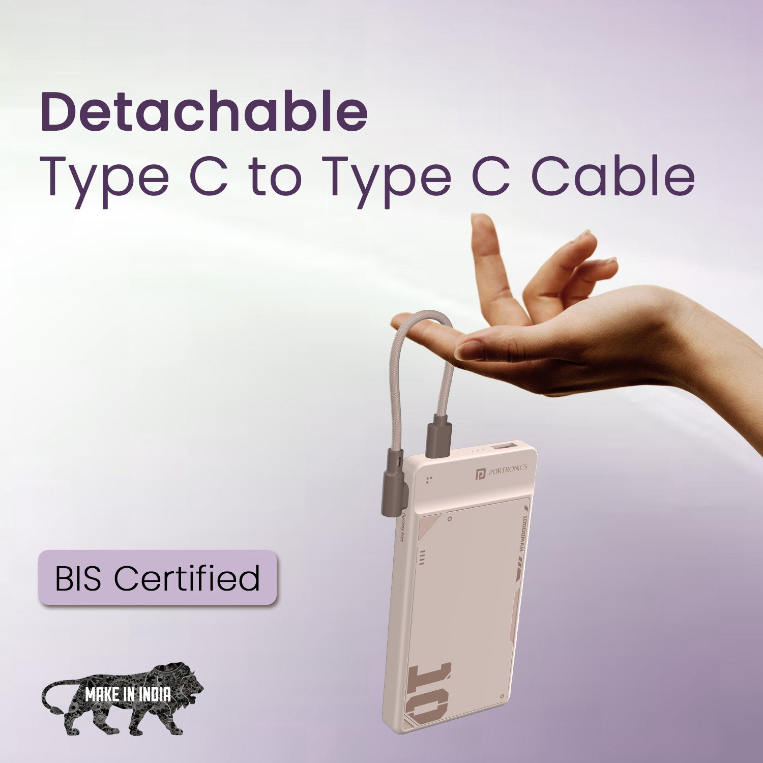 Mocha Portronics Luxcell UNO 10K 10K Power Bank | Fast PD refuel via top Type-C input/output and secure cable docking | This 10K power bank ensures quick recharging while keeping the detachable cable safely parked in its docking slot.
