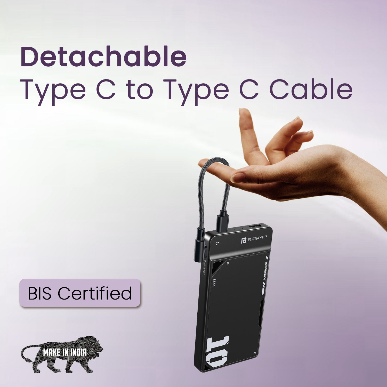 Black Portronics Luxcell UNO 10K Best Powerbank for Mobile | Built-in Type-C cable + USB-A port for charging two devices simultaneously | This best powerbank for mobile keeps your phone and earbuds powered together.