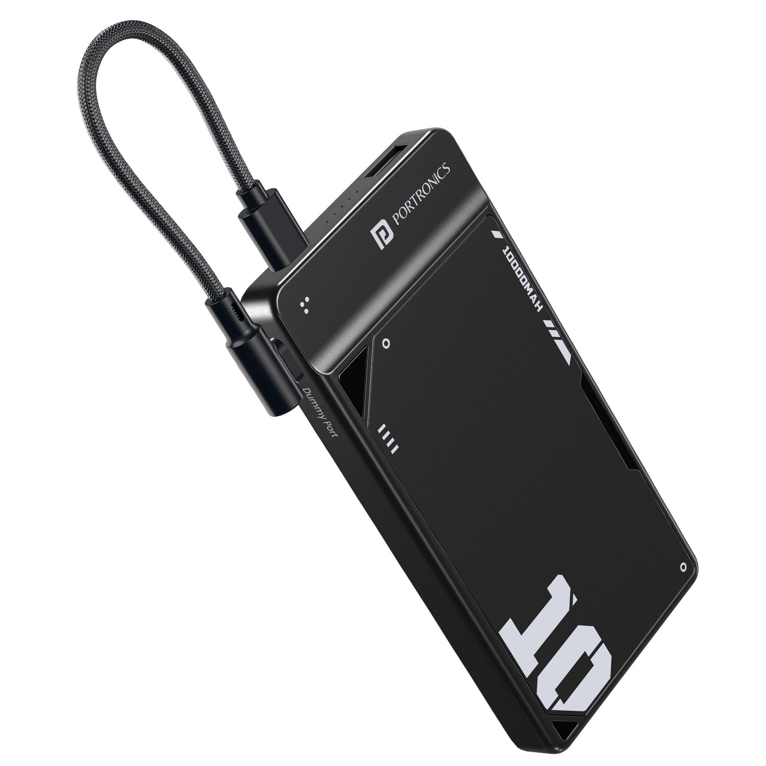 Black Portronics Luxcell UNO 10K Durable Power Bank | Strong body with detachable Type-C cable and travel-ready loop | This durable power bank withstands daily use thanks to its rugged, secure design.