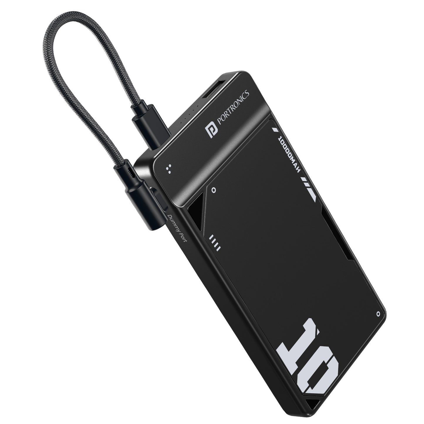 Black Portronics Luxcell UNO 10K Durable Power Bank | Strong body with detachable Type-C cable and travel-ready loop | This durable power bank withstands daily use thanks to its rugged, secure design.