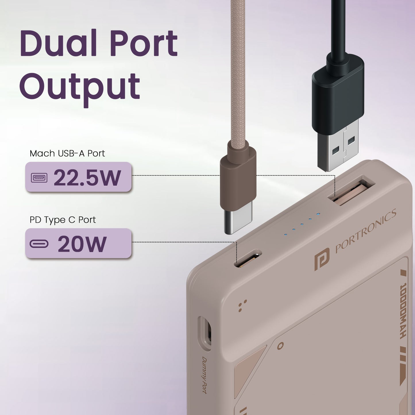 Mocha Portronics Luxcell UNO 10K Power Bank 10000mAh Price | 22.5W fast charging through inbuilt Type-C cable and USB-A port | This power bank 10000mAh price delivers impressive PD performance for phones, earbuds, and tablets.
