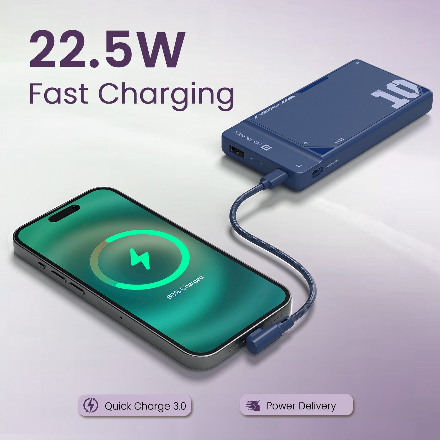 Blue Portronics Luxcell UNO 10K Power Bank Price | Slim 10,000mAh design with LED indicators for everyday use | This 22.5W  power bank price offers exceptional value for users seeking fast PD charging at a budget.
