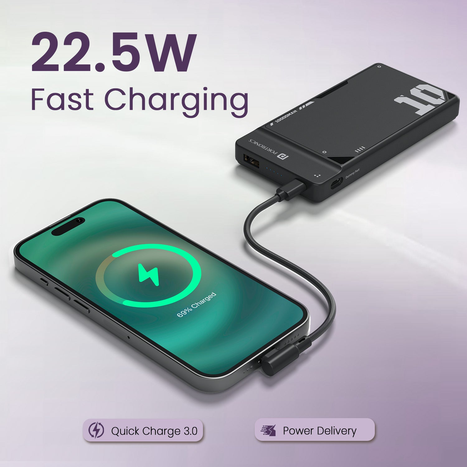 Black Portronics Luxcell UNO 10K Power Bank for Mobile | 22.5W fast charging via inbuilt cable and PD port for daily commuters | This power bank for mobile provides reliable power during long days and travel.
