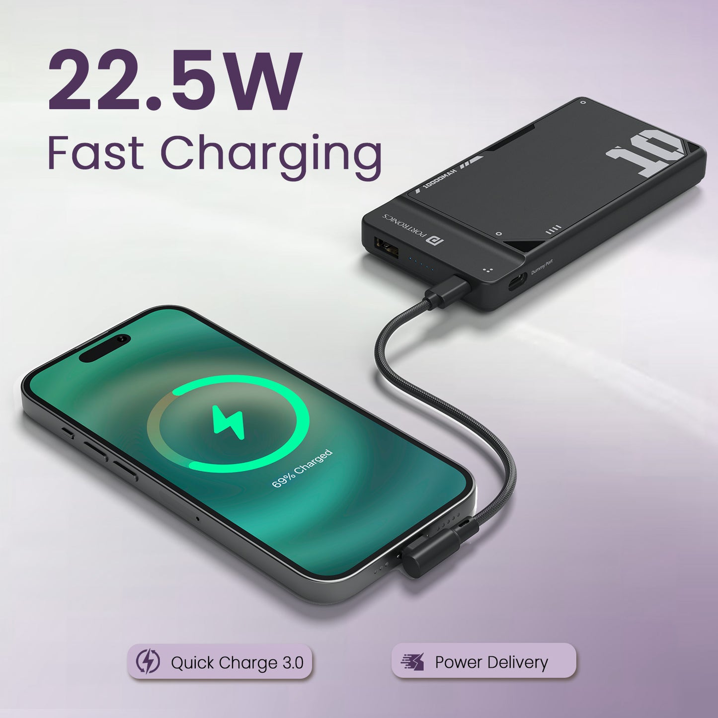 Black Portronics Luxcell UNO 10K Power Bank for Mobile | 22.5W fast charging via inbuilt cable and PD port for daily commuters | This power bank for mobile provides reliable power during long days and travel.
