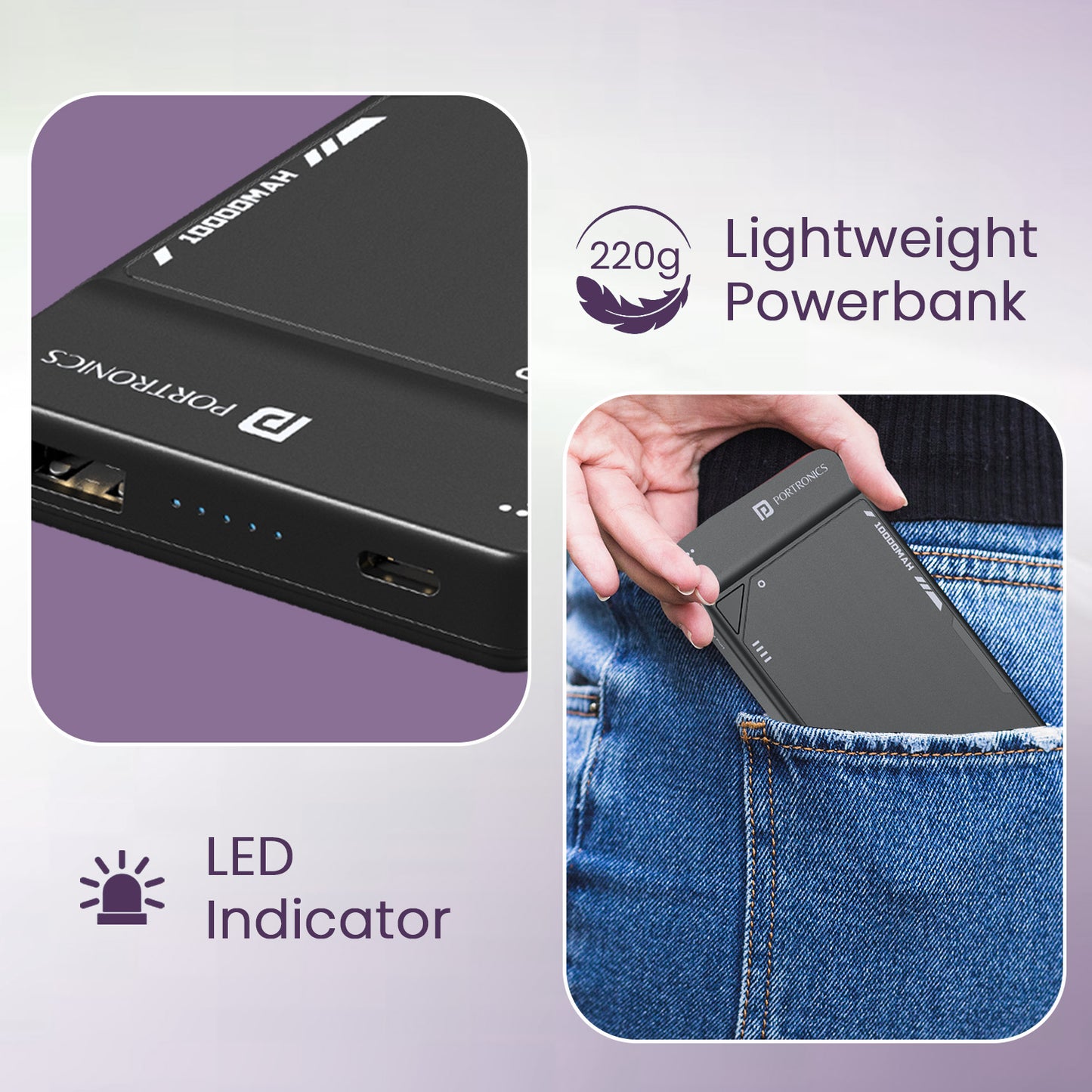 Black Portronics Luxcell UNO 10K Power Bank for Student | Lightweight 10K battery with LED indicators and built-in Type-C cable | This power bank for student routines ensures easy all-day charging without extra wires.
