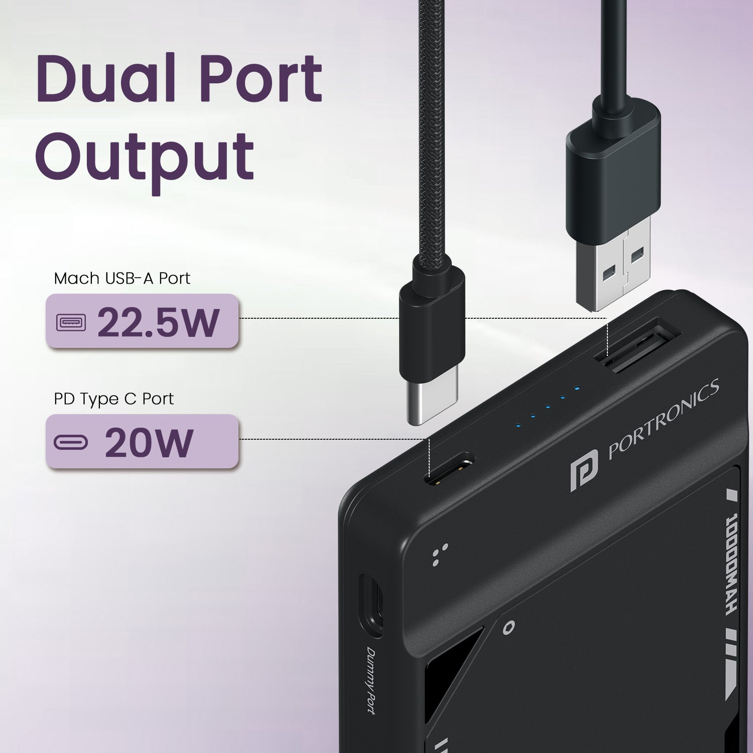 Black Portronics Luxcell UNO 10K Power Bank for iPhone | PD charging compatibility ensures quick, stable refueling for iPhone and iPhone 15 | This power bank for iPhone works smoothly with Apple fast-charge adapters.
