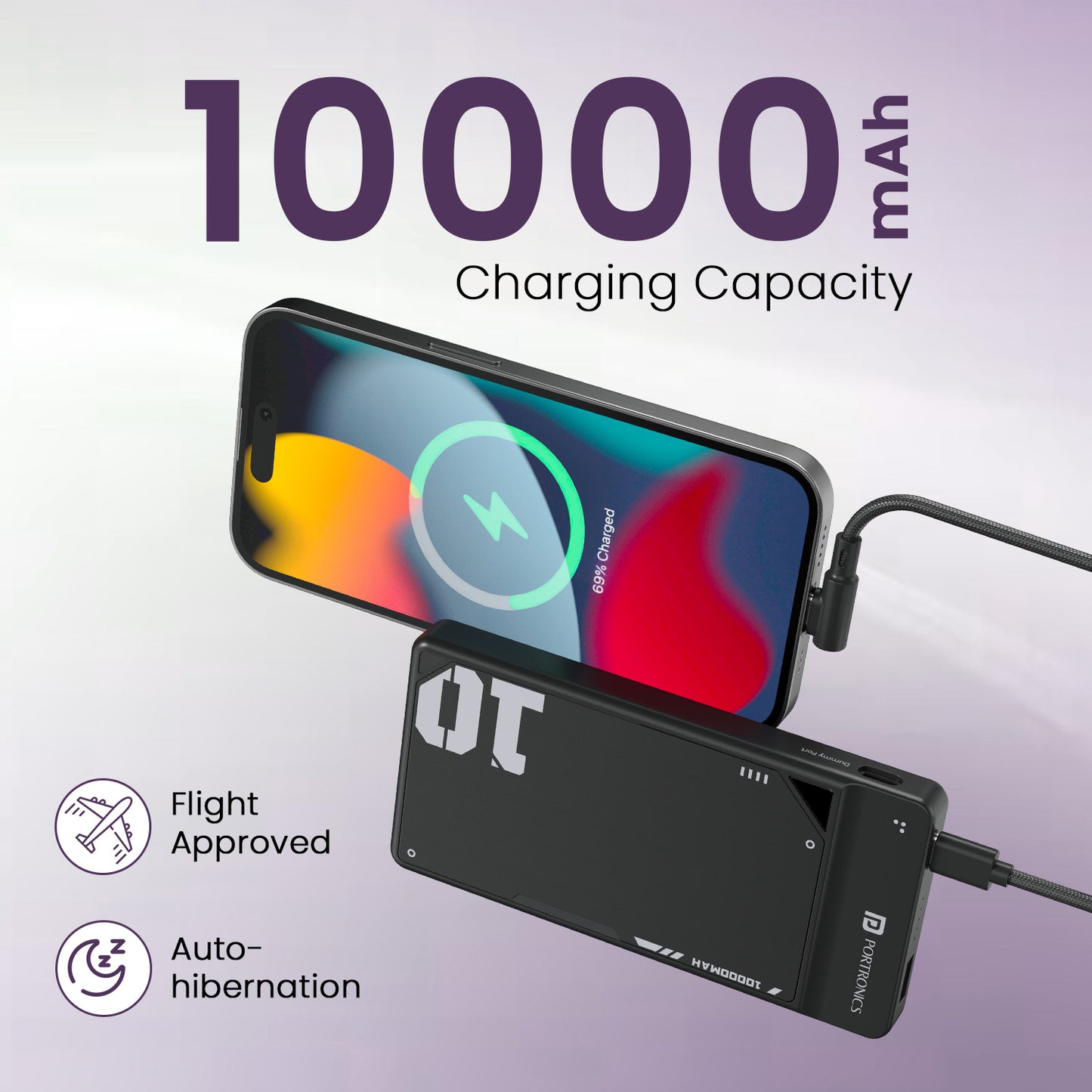 Black Portronics Luxcell UNO 10K Powerbank Price | Fast PD Type-C input/output refuel with dual device support | This powerbank price offers premium fast-charging features without extra cost.
