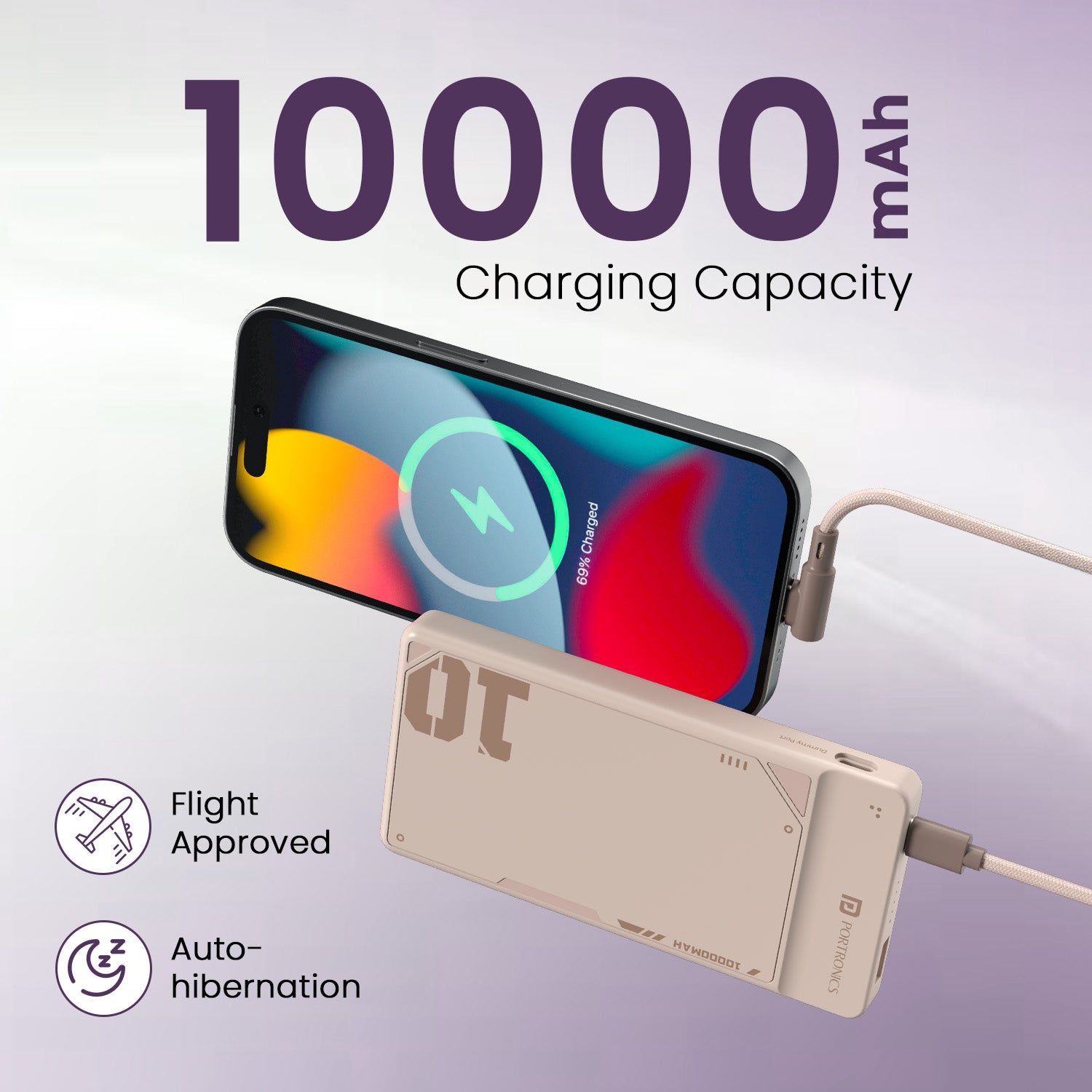 Mocha Portronics Luxcell UNO 10K Slim Power Bank | Ultra-thin 10K design with cable loop for hanging and carrying | This slim power bank is ideal for users seeking a fast-charging backup under ₹1000 with built-in Type-C convenience.