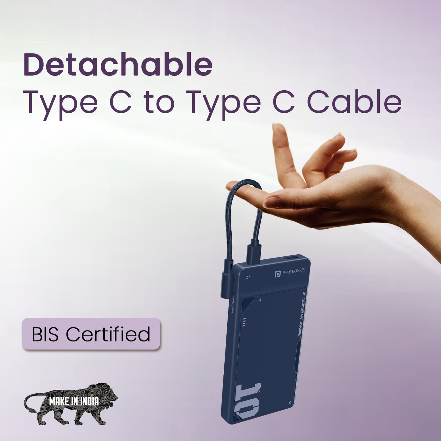 Blue Portronics Luxcell UNO 10K power bank for iphone | Integrated cable doubles as a carry loop for safe hanging | This Luxcell Bind Mini 10K solution offers portability with a smart, snap-in cable system.
