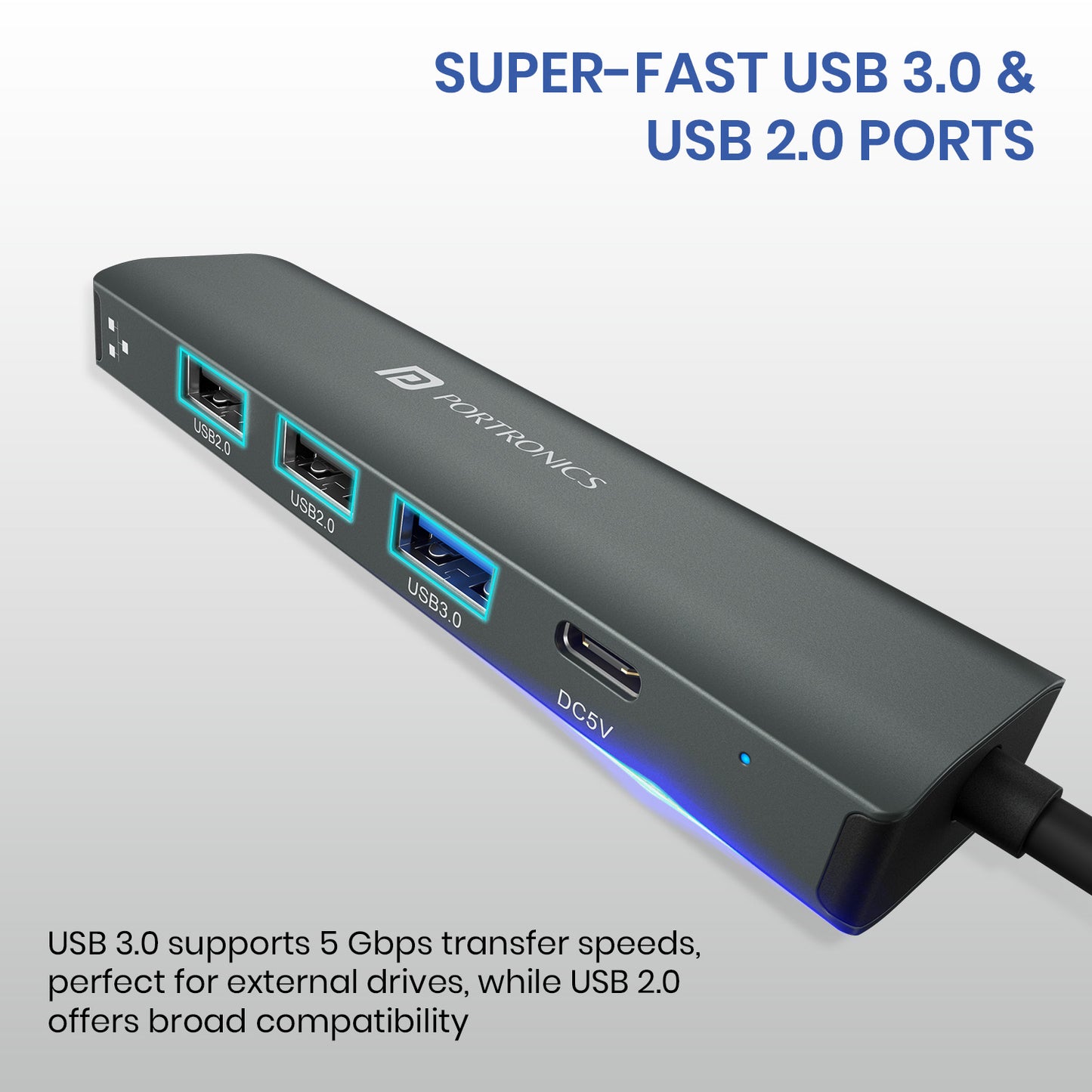 Portronics MPort Edge Multi-Function USB Hub for Work & Travel – Lightweight and portable USB hub with reliable USB 2.0, USB 3.0, Type-C, and RJ45 Ethernet connectivity.
