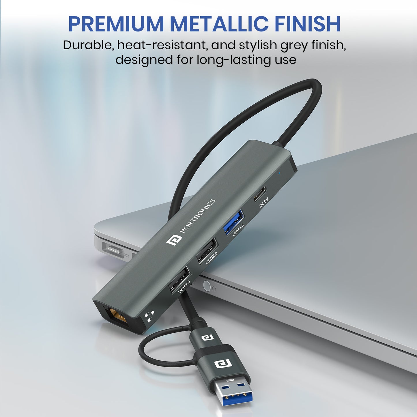 Portronics MPort Edge Premium Type-C USB Hub for Laptop & MacBook – A high-quality, multi-function USB hub with USB 3.0, USB 2.0, Type-C, and RJ45 Ethernet for seamless connectivity and fast data transfer.