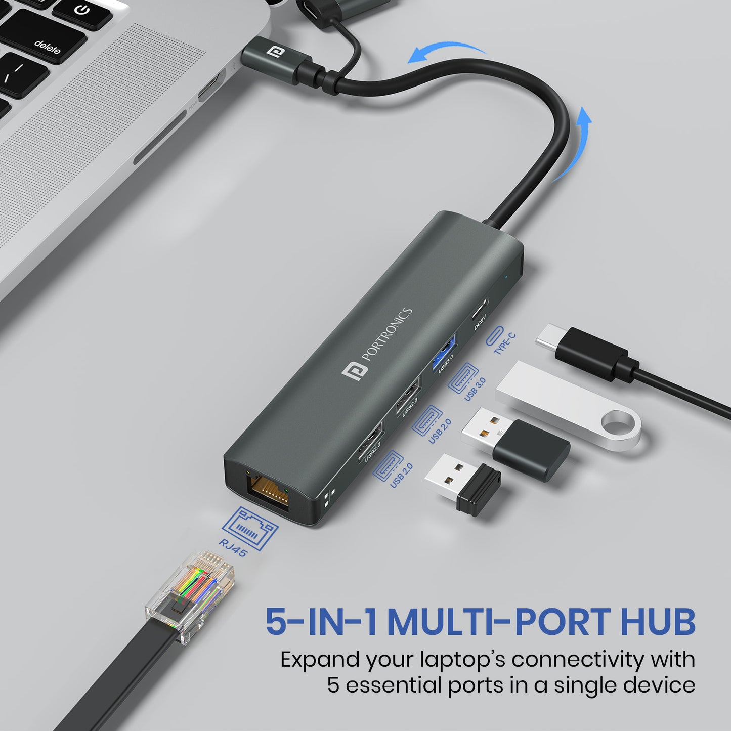  Portronics MPort Edge USB Hub Type-C 5-in-1 multifunction USB hub with USB 3.0, USB 2.0, Type-C, and RJ45 Ethernet for seamless connectivity.