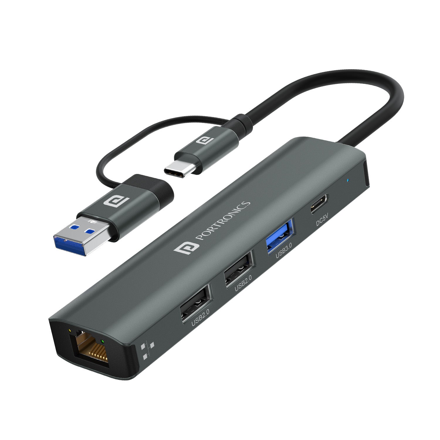 Portronics MPort Edge USB Hub Type-C for Laptop – A 5-in-1 multifunction USB hub with USB 3.0, USB 2.0, Type-C, and RJ45 Ethernet for seamless connectivity.