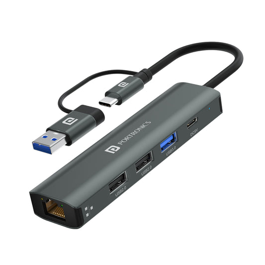 Portronics MPort Edge USB Hub Type-C for Laptop – A 5-in-1 multifunction USB hub with USB 3.0, USB 2.0, Type-C, and RJ45 Ethernet for seamless connectivity.
