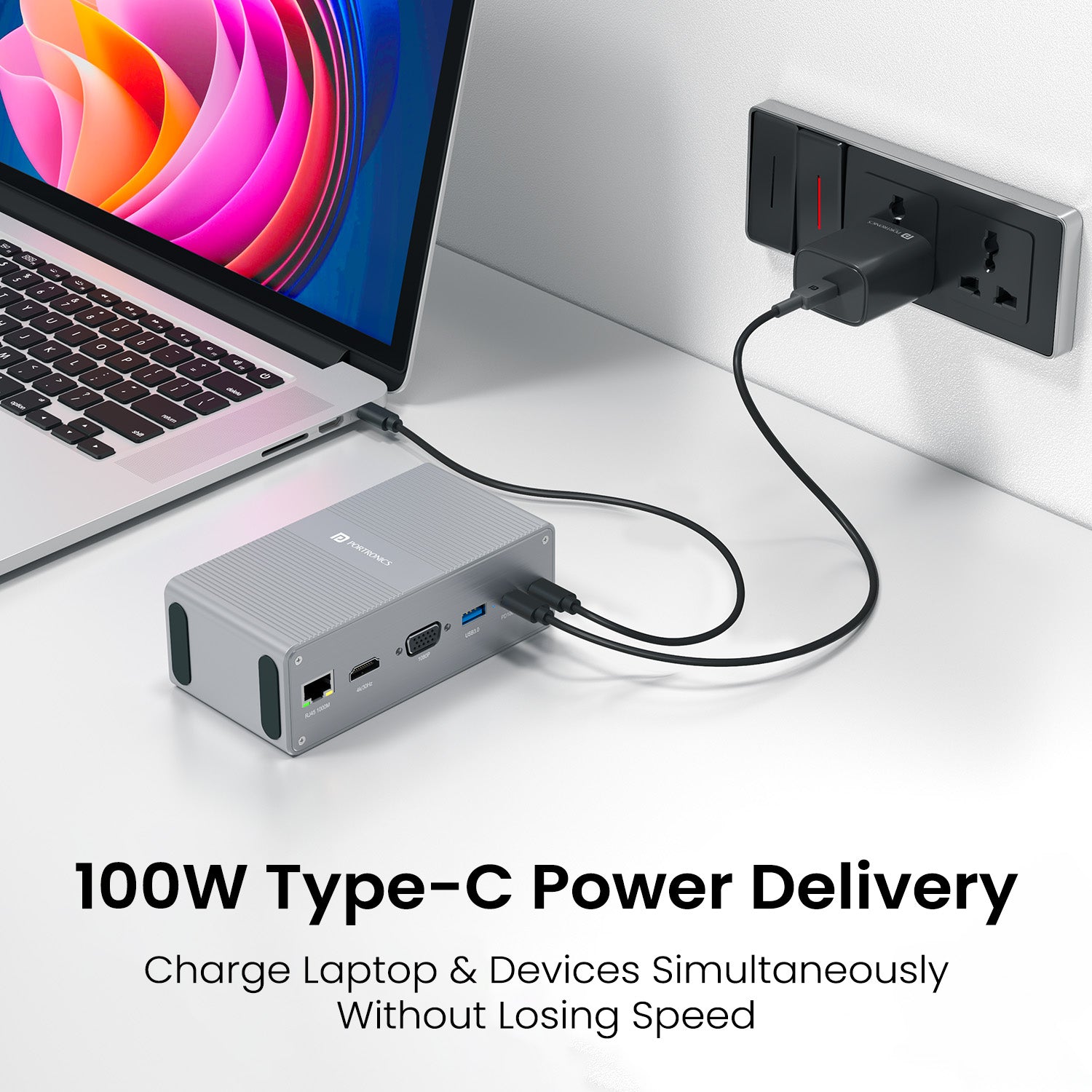 Portronics MPort Vault Metal Docking Station | Premium Multi USB Adapter with Data Transfer, Data Sync, 100W Power Delivery, 4× USB 3.0 Ports, and Audio Port | USB Hub Price in India| usb hub for laptop