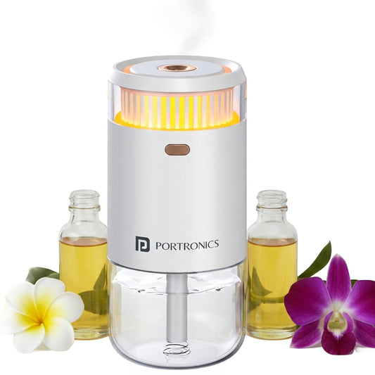 Portronics Magma Go water mist humidifier and night lamp featuring advanced ultrasonic technology for soothing cool mist output, ideal aroma diffuser for home, car, or office use in India
