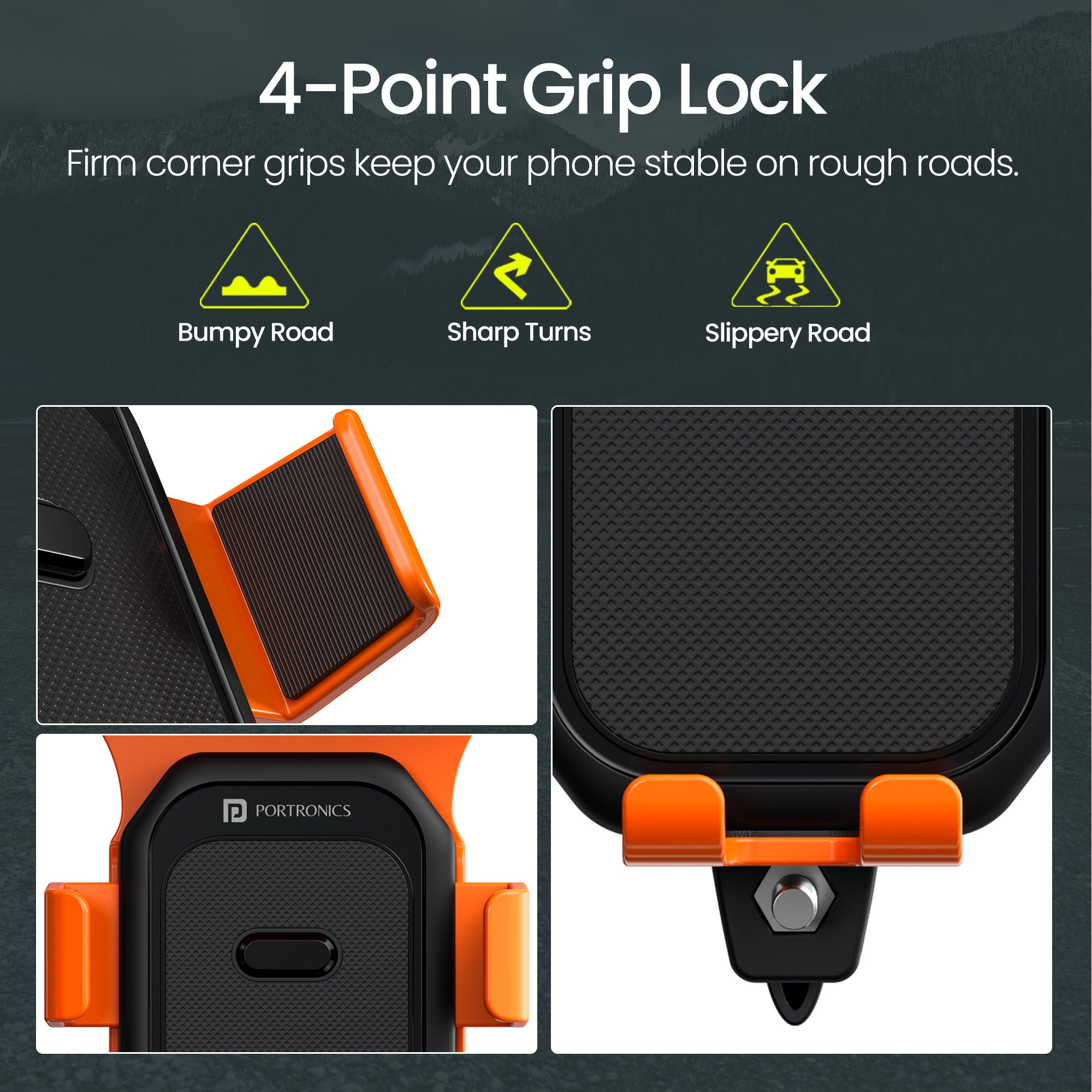 Portronics Mobike 4 Plus Bike Mobile Holder Under 500 |Strong 4-point grip lock with inner anti-slip pads| Compact durable construction for everyday use | best mobile holder for bike for budget-conscious riders