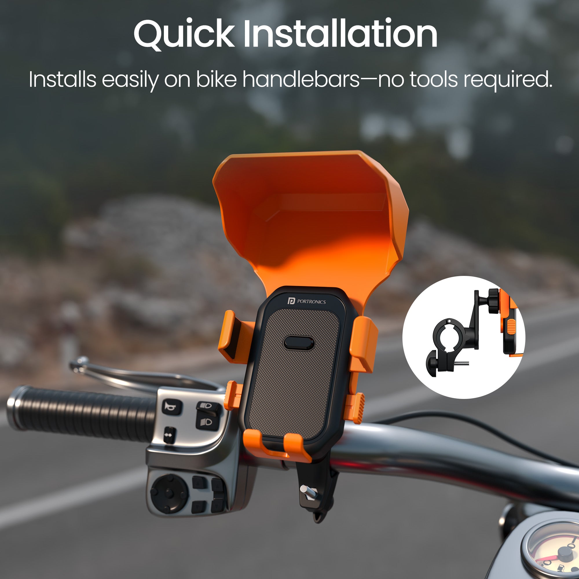 Portronics Mobike 4 Plus Mobile Holder for Bike with quick installation | All-weather design with glare-reducing sunshade | bike mobile holder for highway rides long trips and touring