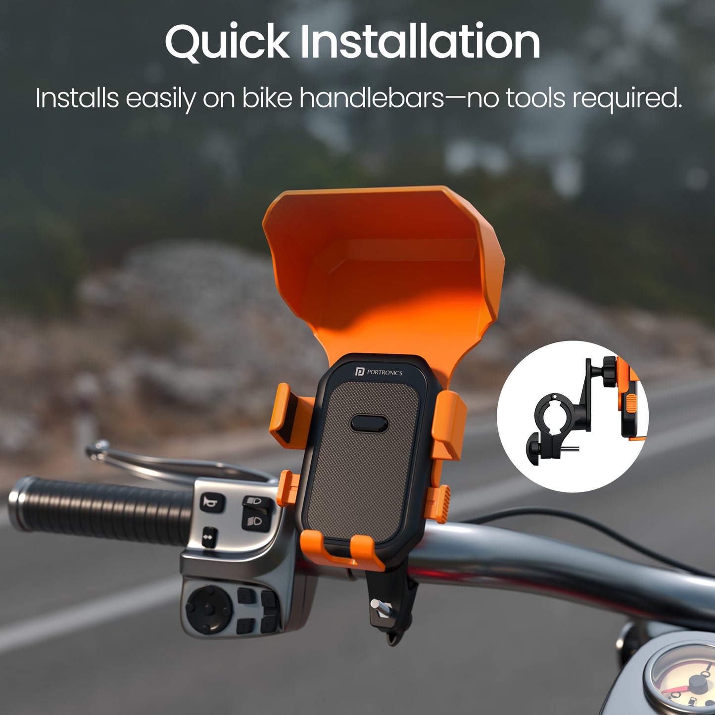 Portronics Mobike 4 Plus Mobile Holder for Bike with quick installation | All-weather design with glare-reducing sunshade | bike mobile holder for highway rides long trips and touring