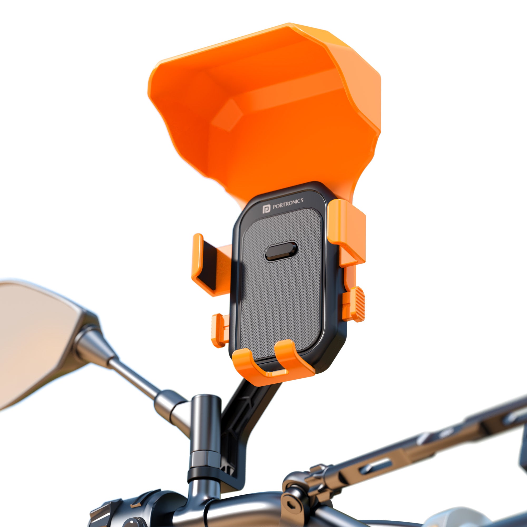 Portronics Mobike 5 Plus Universal Mobile Holder | All-weather mirror mount with sunshade and anti-slip grip | best mobile holder for bike scooty and daily commuting