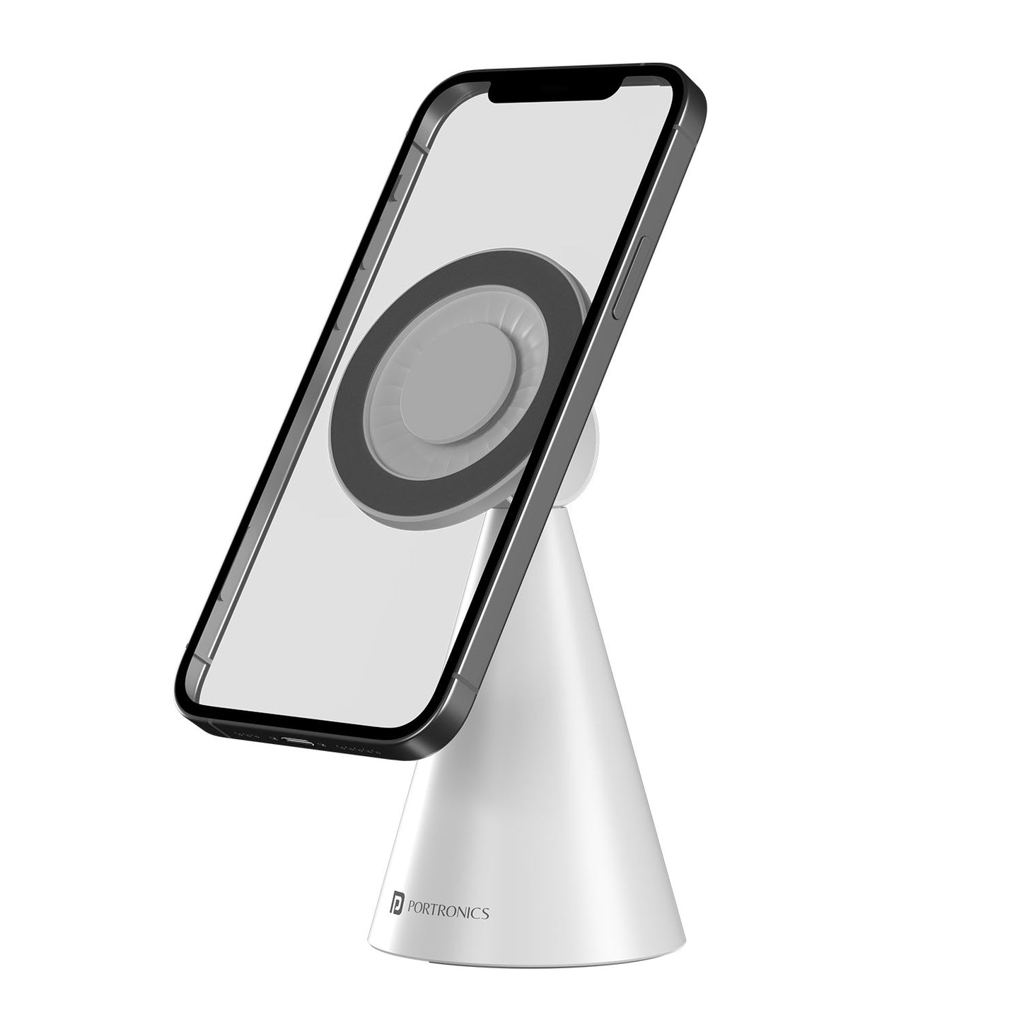 White Portronics Mogun 5 Magnetic Mobile Holder offers 360° rotation, making it the perfect universal mobile holder for hands-free calls