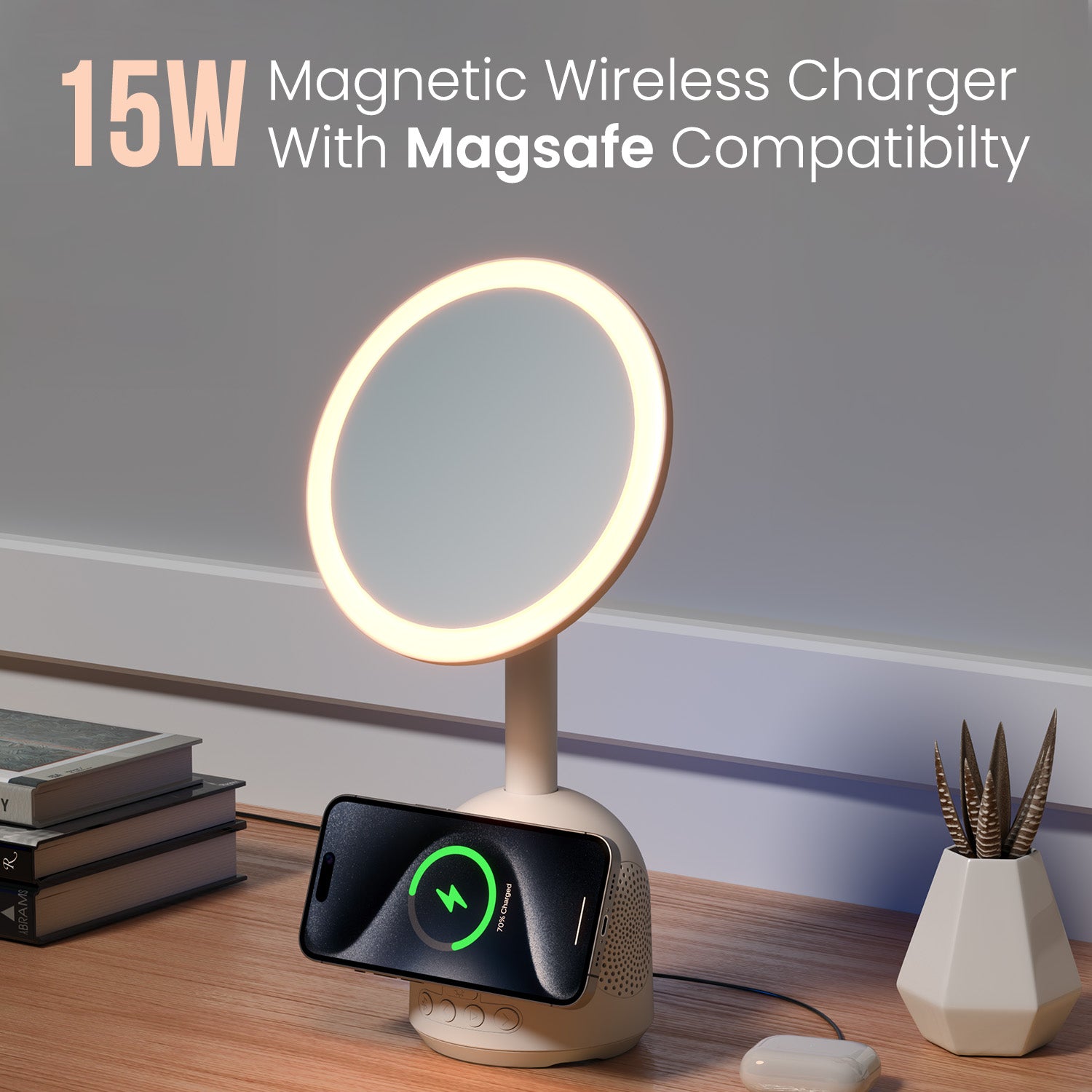Portronics Movo II Portable Bluetooth Speaker With Mirror Light | 15W Wireless Mobile Charging Pad, Wireless Charger for iPhone 15, Adjustable Makeup Mirror With Lights, and Best Wireless Charger in India for Daily Use