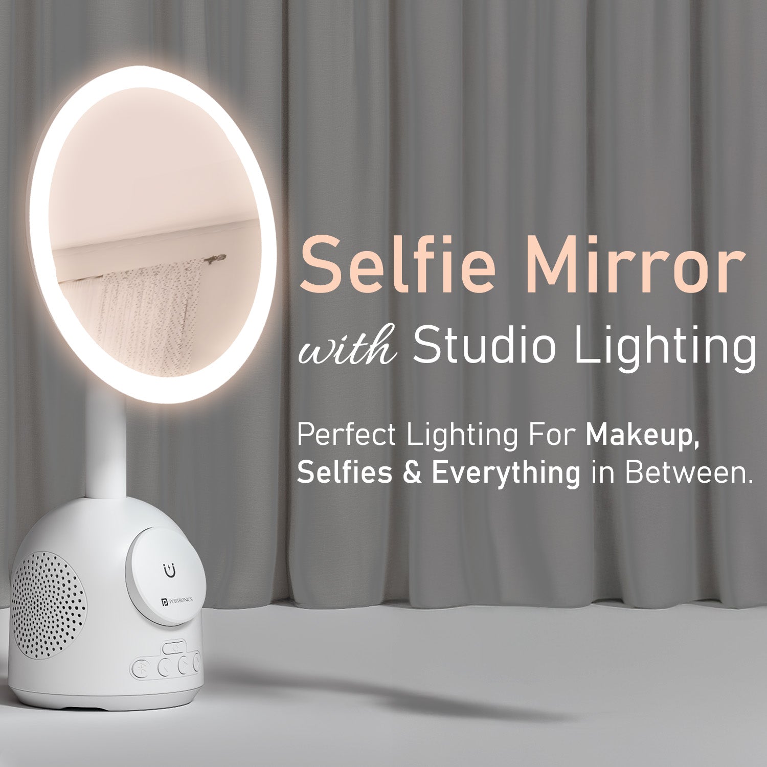 Portronics Movo II Wireless Charging Stand With Makeup Mirror | 3-in-1 Wireless Mobile Charger Featuring Ring Light, 5W Bluetooth Speaker, and Desktop Wireless Charger Function for Vanity, Office, or Bedroom