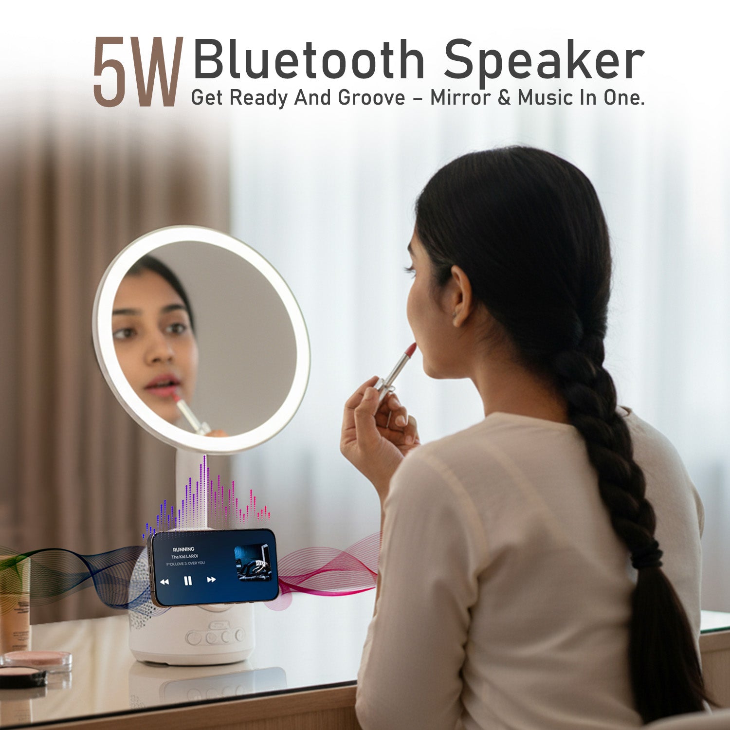 Portronics Movo II 15W Fast Wireless Charging Pad | Qi2 Wireless Charging Technology, iPhone Wireless Charger Features, 5w Bluetooth Speakers With Lights, and Mirror Light for Skincare, Beauty, and Smart Desk Setups