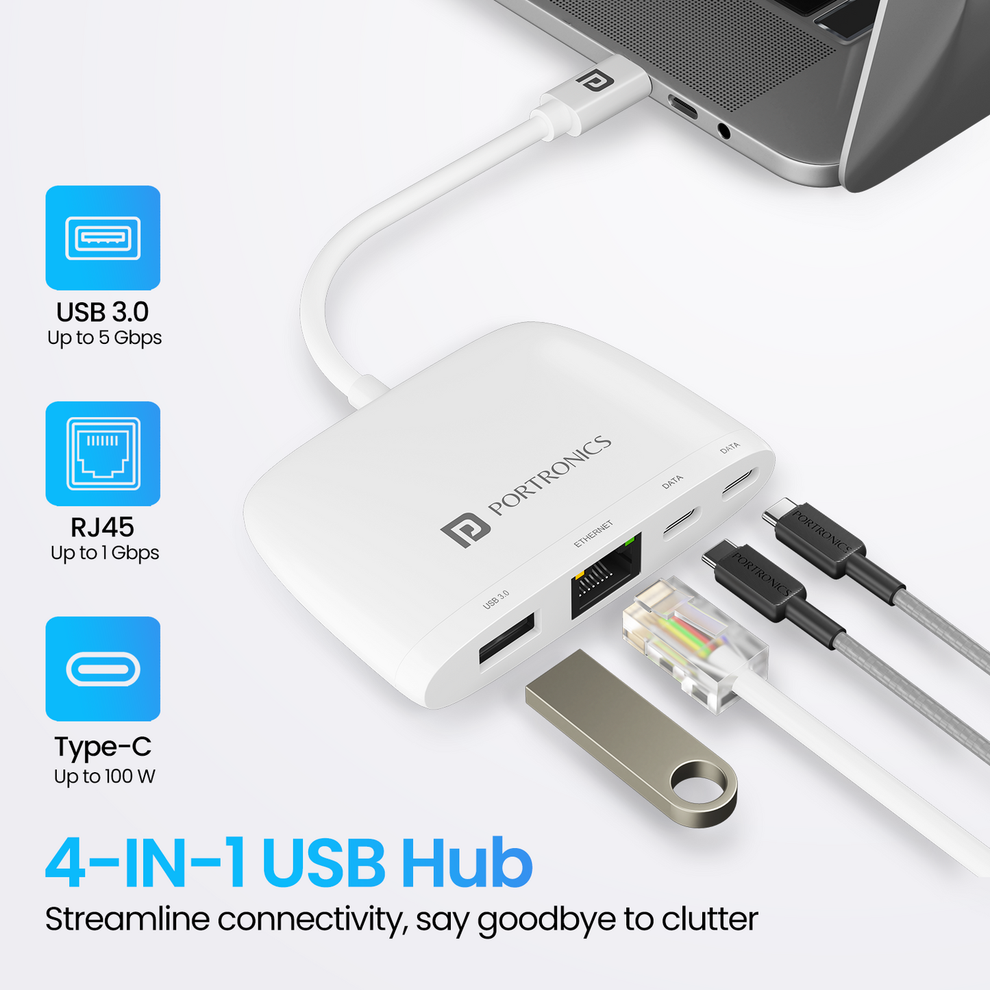 White Portronics Mport 41 4-in-1 multi function USB hub for laptop and PC with USB 3.0, dual Type-C data ports, and built-in LAN converter