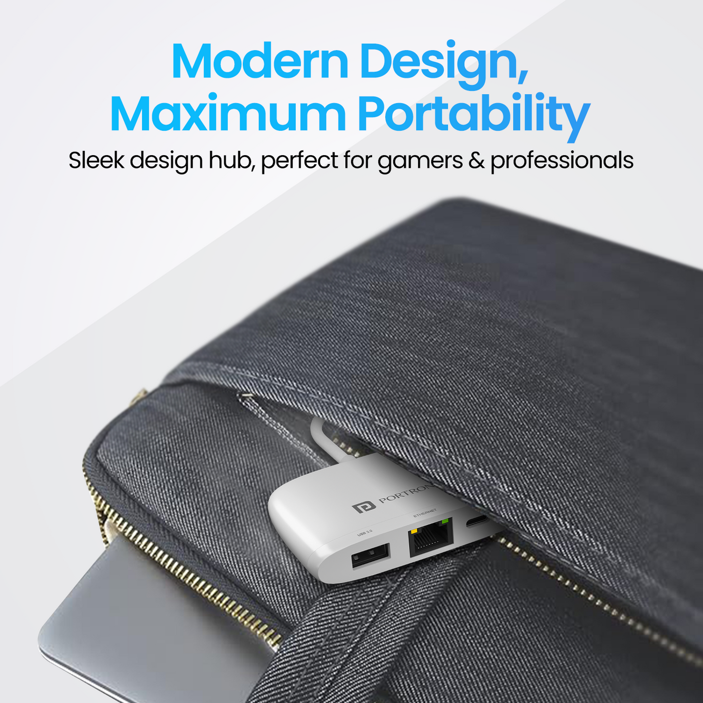 White Portronics Mport 41 4-in-1 USB hub designed for smooth data transfer, USB charging, Type-C connectivity, and high-speed Ethernet through LAN port