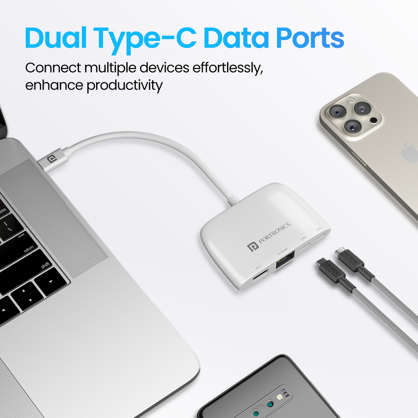 White Portronics Mport 41 USB hub for MacBook Air with Type-C compatibility, offering fast data sync, USB charging, and LAN connectivity in one device