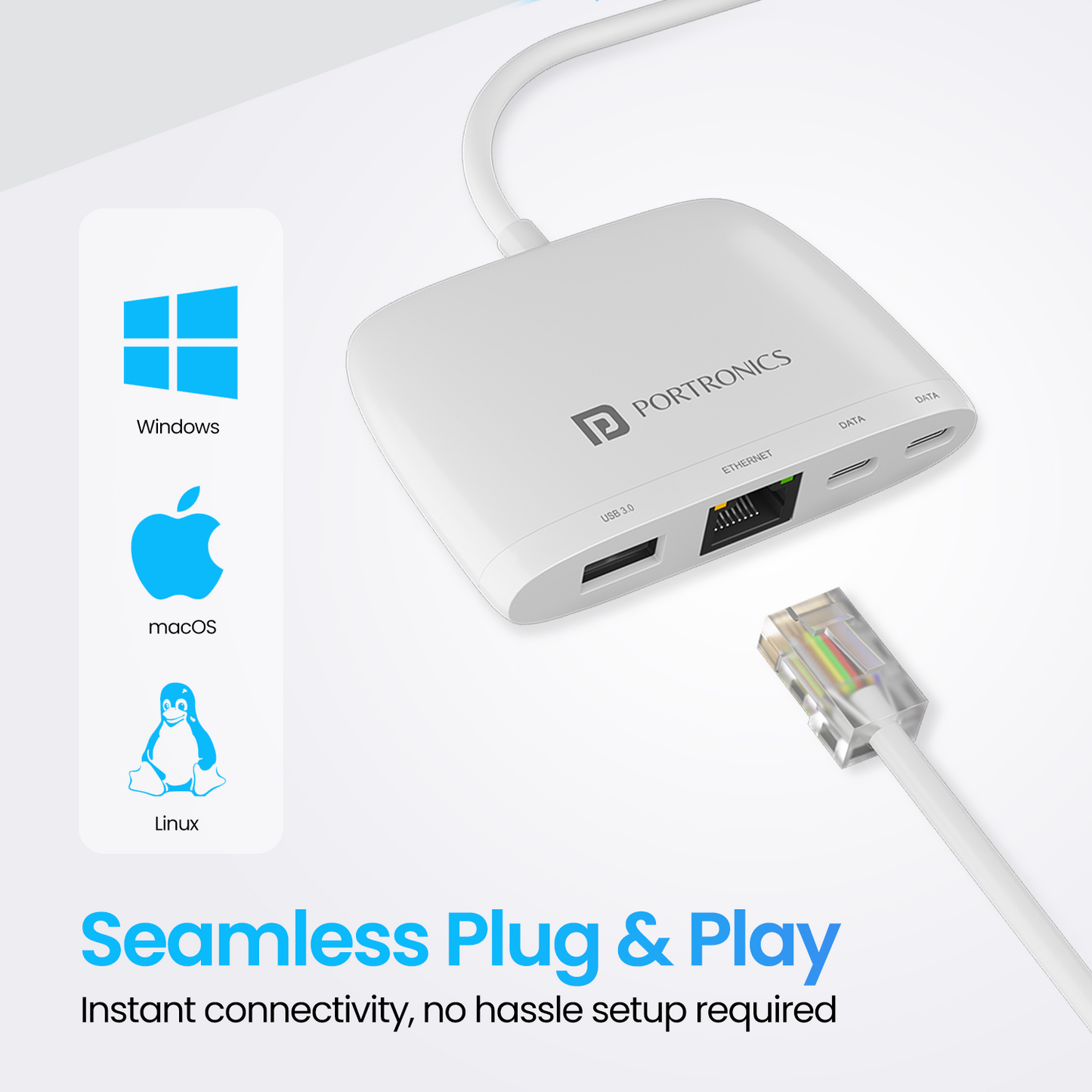 White Portronics Mport 41 USB hub for PC and Mac with built-in 1000 Mbps LAN converter, perfect for data sync, USB charging, and device expansion