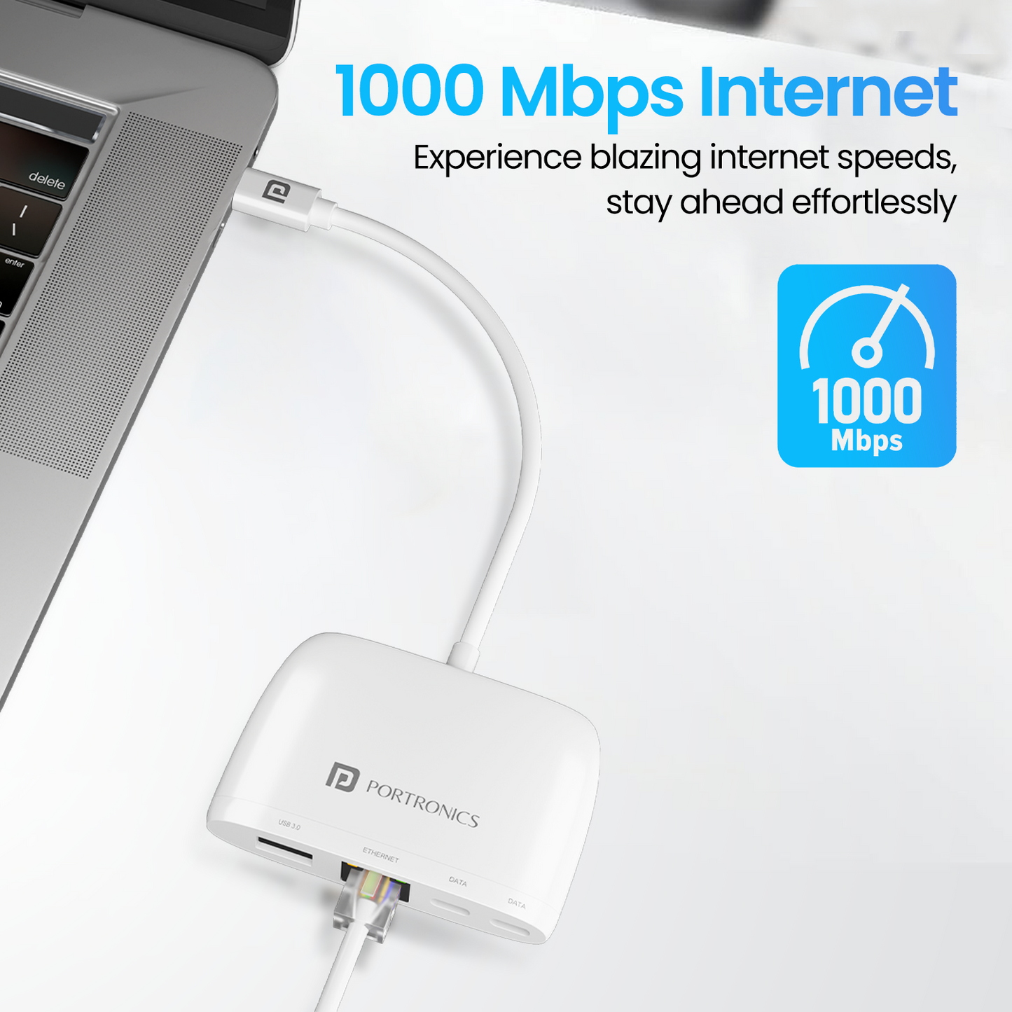 White Portronics Mport 41 USB to LAN converter with 1000 Mbps Ethernet port for seamless internet connectivity and high-speed networking on laptops and PCs