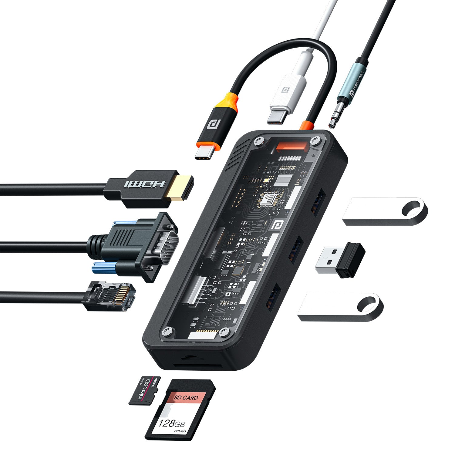 Portronics Mport View Three | 10-in-1 USB-C Multiport Adapter with Transparent Body | Type C USB Hub for Laptop, MacBook & PC | High-Speed 100W Charging, HDMI, Ethernet, Dual USB & Micro USB Ports