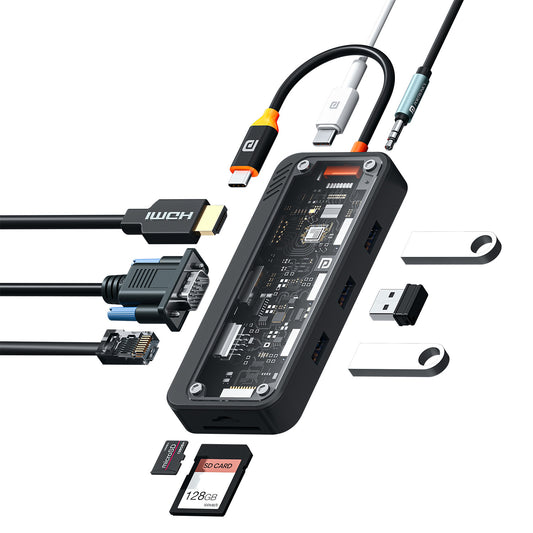 Portronics Mport View Three | 10-in-1 USB-C Multiport Adapter with Transparent Body | Type C USB Hub for Laptop, MacBook & PC | High-Speed 100W Charging, HDMI, Ethernet, Dual USB & Micro USB Ports