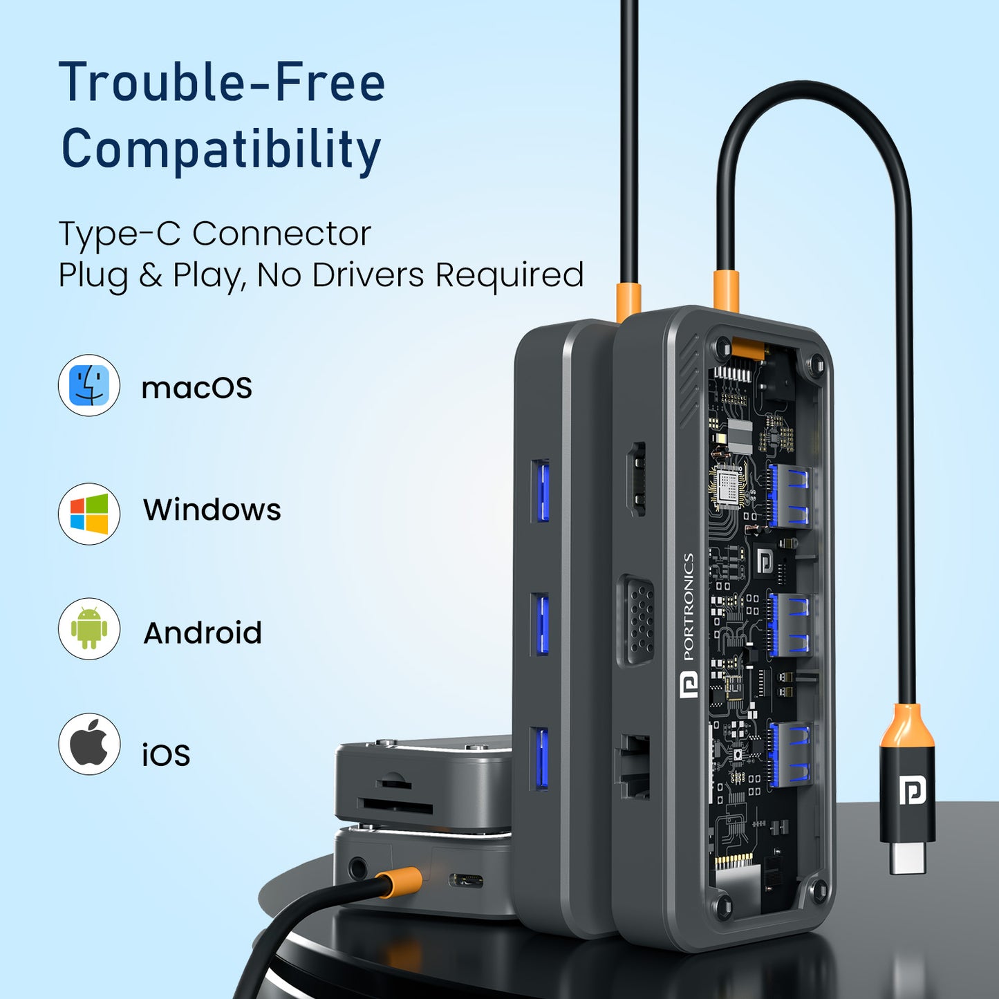 Portronics Mport View Three 10-in-1 USB Hub | Lightweight, Travel-Friendly USB-C Multiport Adapter with Integrated Host Cable | Best Type C USB Hub for MacBook, Laptop, and Hybrid Work Environments