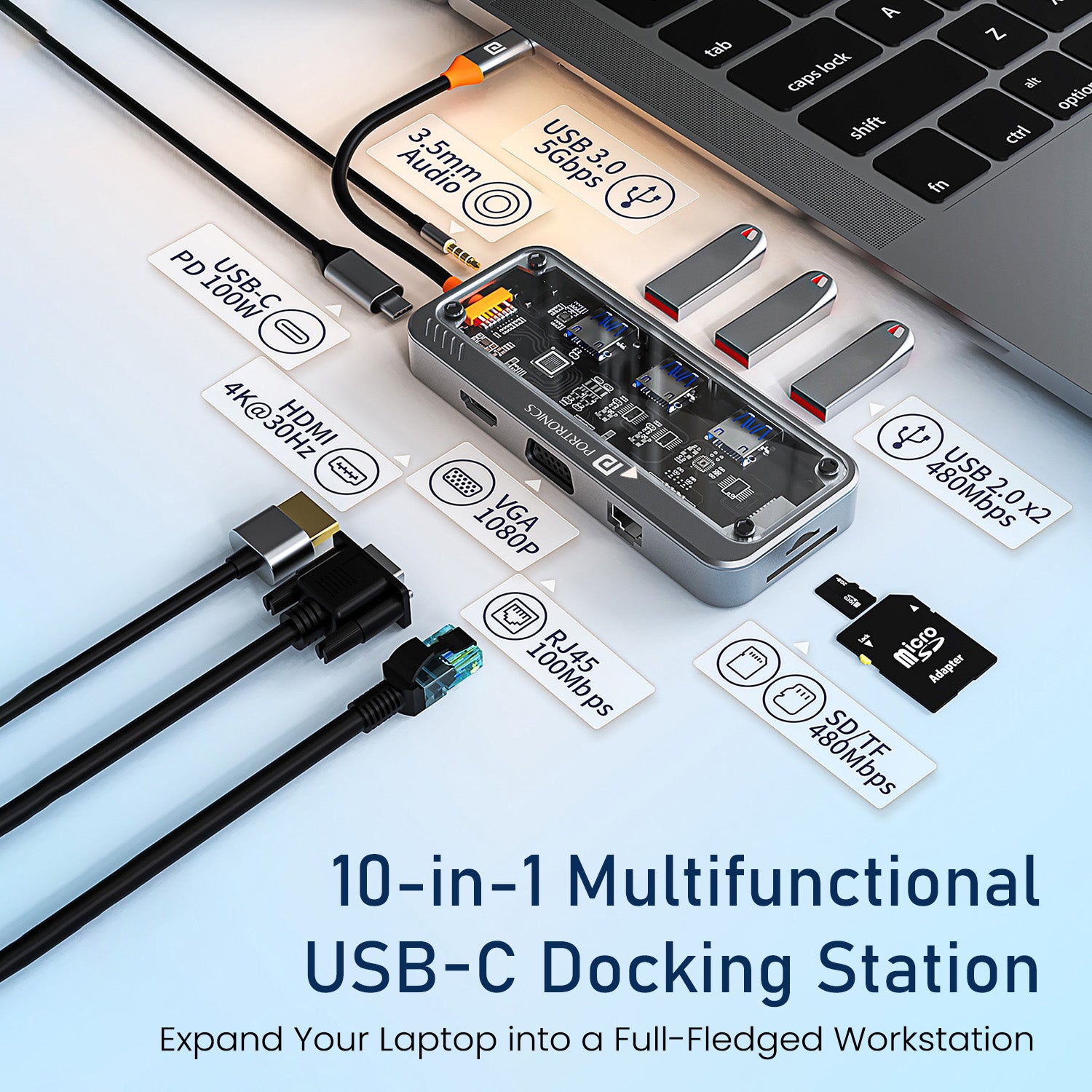 Mport View Three 10-in-1 Type C USB Hub | Equipped with 3× USB 3.0 and 2× USB 2.0 Ports for Fast Data Transfer, Data Sync & Dual USB Functionality | Best USB Hub for PC, MacBook, and Laptop Workstations
