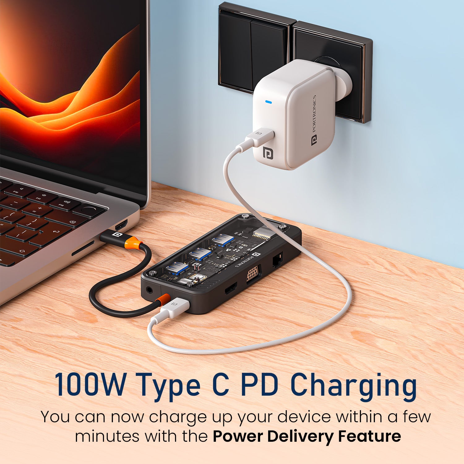 Portronics Mport View Three USB-C Hub | USB Charging Hub with 100W Power Delivery | Supports Laptop, Tablet & Smartphone Fast Charging While Transferring Data | USB Hub Type C for Laptop & PC Connectivity