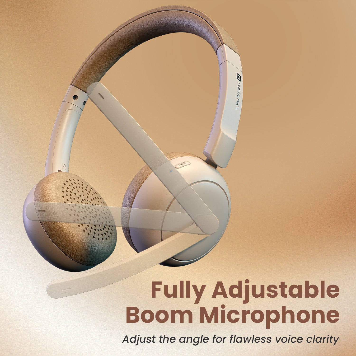 Beige Portronics Muffs A3 Beige Wireless Headphone with Mic Fully Adjustable Flexible Boom Microphone for Gaming Virtual Meetings and Work From Home Setups