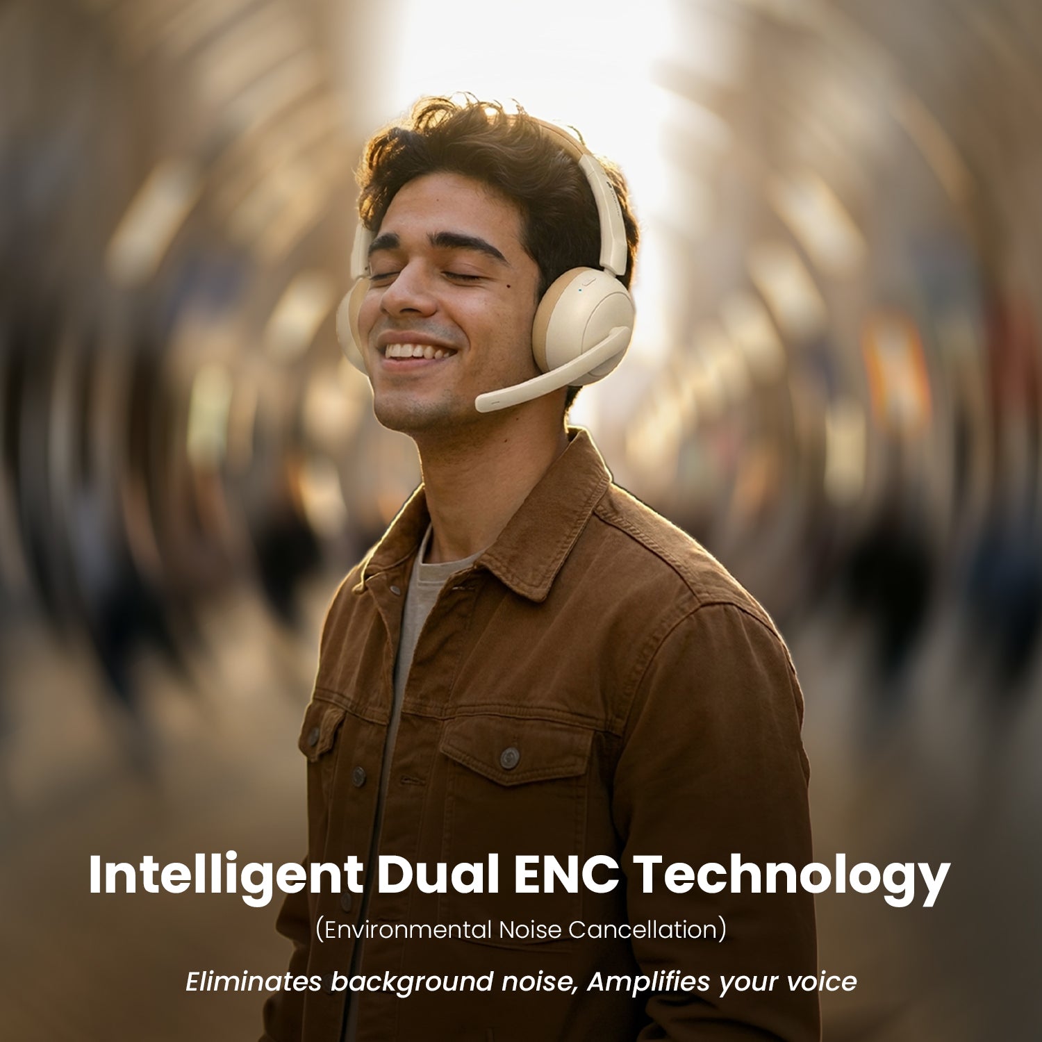 Beige Portronics Muffs A3 ENC Wireless Headphone with Intelligent Dual Noise Cancellation Mic and Fully Adjustable Boom Microphone for Clear Calls and Online Meetings

