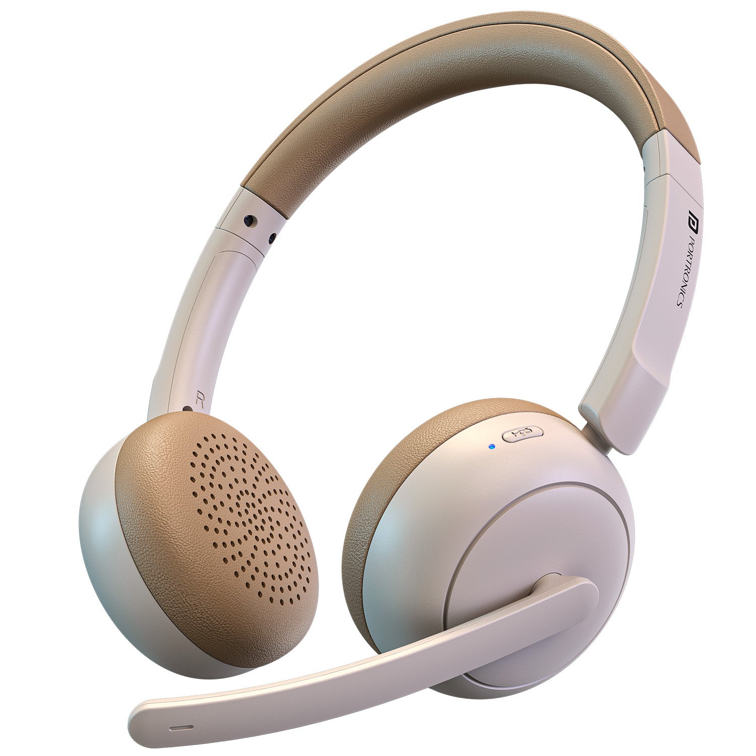 Beige Portronics Muffs A3 Over Ear Foldable Wireless Headphone with Mic Adjustable Headband and Detachable Boom Microphone for Music Gaming and Calls

